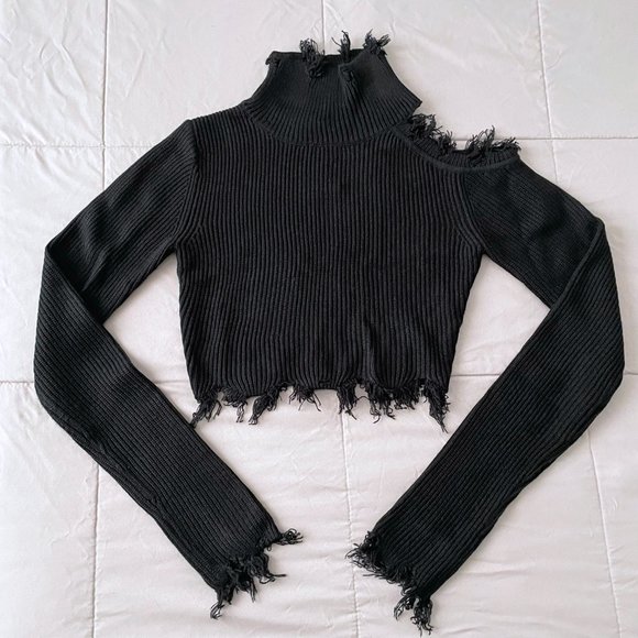 Chunky Knit Distressed Cropped Turtleneck with Cut-Out Black | Signature8 - Picture 3 of 4
